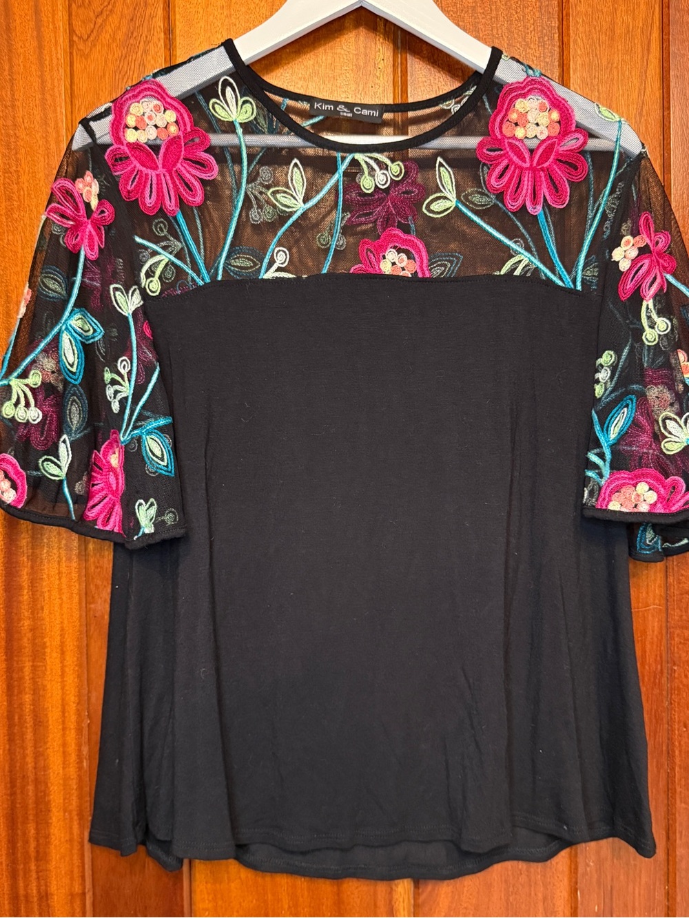 Kim & Cami Black Short Sleeve Top with Pink & Teal Floral Embroidery